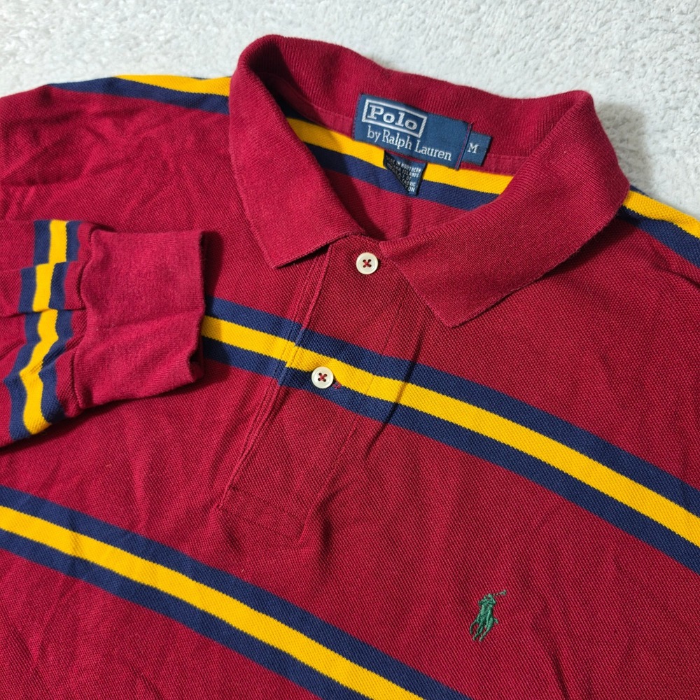 Polo Ralph Lauren Polo Shirt Mens Med Red Striped L/S Pique Cotton